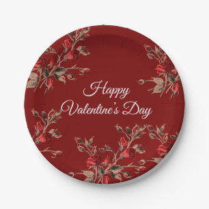 Elegant Floral Red Happy Valentine’s Day Paper Plate