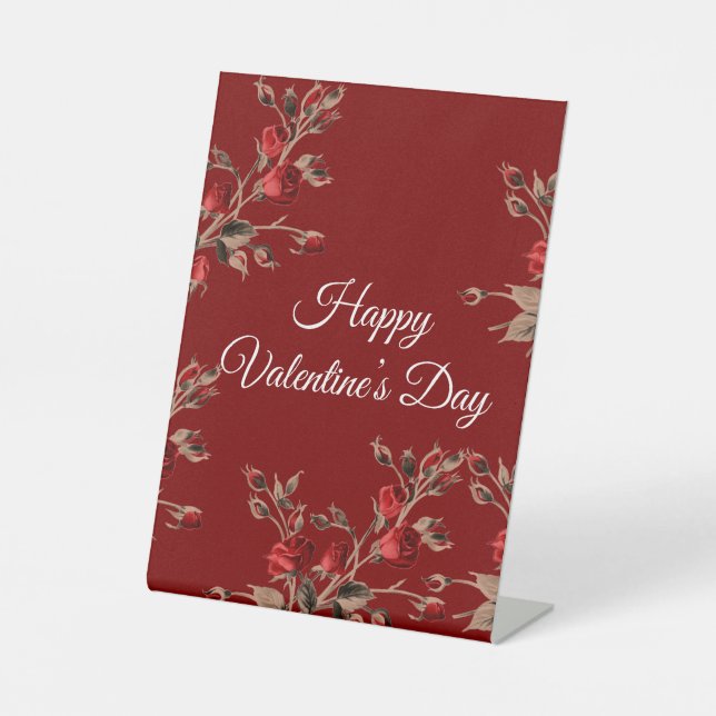 Elegant Floral Red Happy Valentine’s Day  Pedestal Sign (Front)