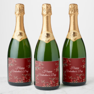 Elegant Floral Red Happy Valentine’s Day  Sparkling Wine Label