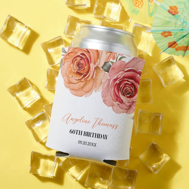 Elegant Floral Red Orange Rose Birthday Can Cooler (In Situ Summer)