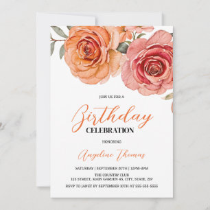 Elegant Floral Red Orange Rose Birthday Invitation