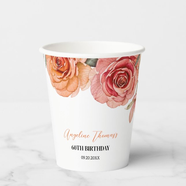 Elegant Floral Red Orange Rose Birthday Paper Cups (Front)