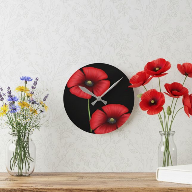 Elegant Floral Red Poppy Flowers on Black Clock (Pretty poppies make a pretty poppy clock. Pop it on your wall today!)
