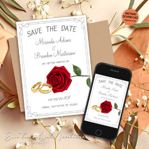Elegant Floral Red Roses and Rings Wedding Save The Date