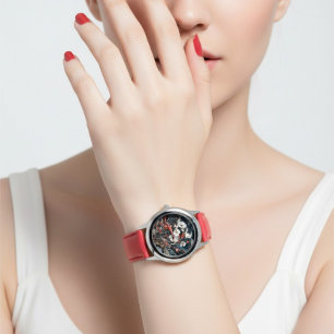 Elegant Floral Red Strap Women’s Analog Fashion Watch
