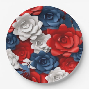 Elegant Floral Red White Blue Flower Garden Design Paper Plate