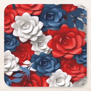Elegant Floral Red White Blue Flower Garden Design Square Paper Coaster