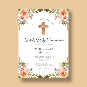 Elegant Floral Religious Cross First Communion Invitation