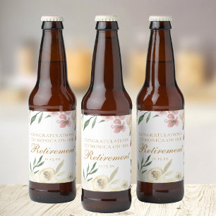 Elegant Floral Retirement Party Gold Script Beer Bottle Label