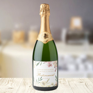 Elegant Floral Retirement Party Gold Script Sparkling Wine Label