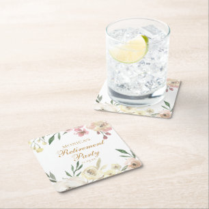 Elegant Floral Retirement Party Gold Script Square Paper Coaster