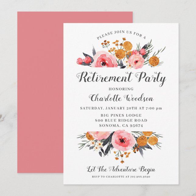 Elegant Floral Retirement Party  Invitation (Front/Back)