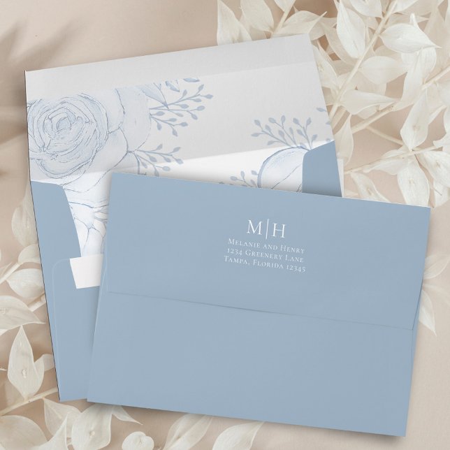 Elegant Floral Return Address Blue Botanical Envelope (Simple light blue elegant floral roses envelope. Perfect for any occasion)