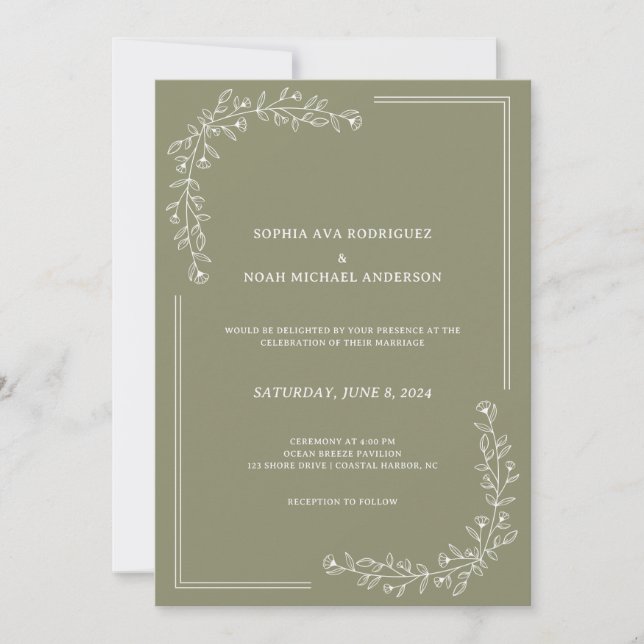 Elegant Floral Rich Sage Green Wedding Invitation (Front)