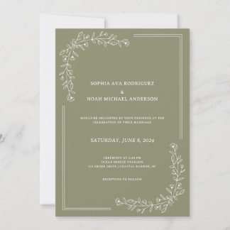 Elegant Floral Rich Sage Green Wedding Invitation