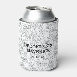 Elegant Floral Rose Black And White Wedding Can Cooler