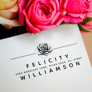 Elegant Floral Rose Blossom Flower Return Address Rubber Stamp