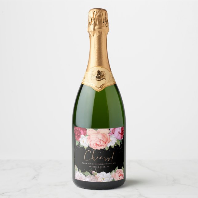 Elegant Floral Rose Bouquet Pink Black Wedding Sparkling Wine Label (Front)