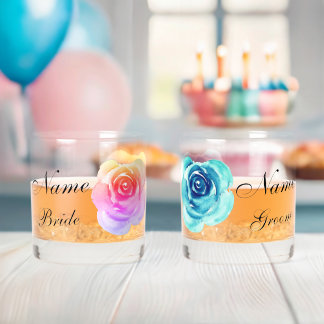 Elegant Floral Rose Bride Groom Birthday Wedding Whiskey Glass