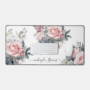 Elegant Floral Rose Custom Name Desk Mat