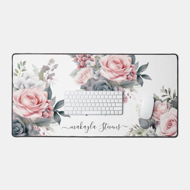 Elegant Floral Rose Custom Name Desk Mat (Keyboard & Mouse)
