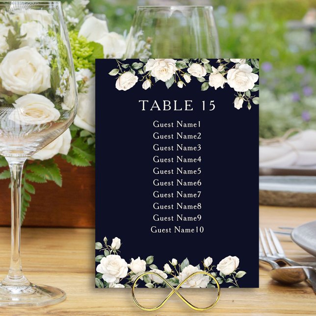 Elegant Floral Rose Dark Blue Table Seating Chart (Seating chart cards from the Princess Dress and Roses Quinceanera collection by Darling & May)