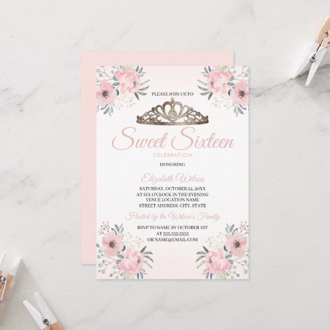 Elegant Floral Rose Gold Blush Pink 2 Sweet 16 Invitation (Front/Back In Situ)