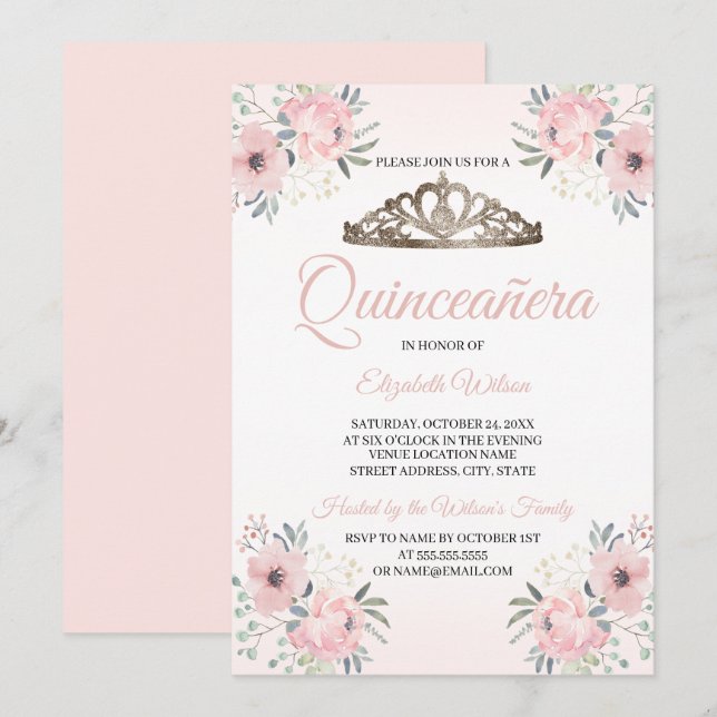 Elegant Floral Rose Gold Blush Pink Quinceanera Invitation (Front/Back)