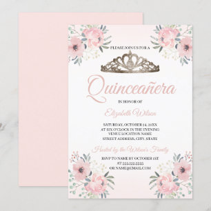 Elegant Floral Rose Gold Blush Pink Quinceanera Invitation