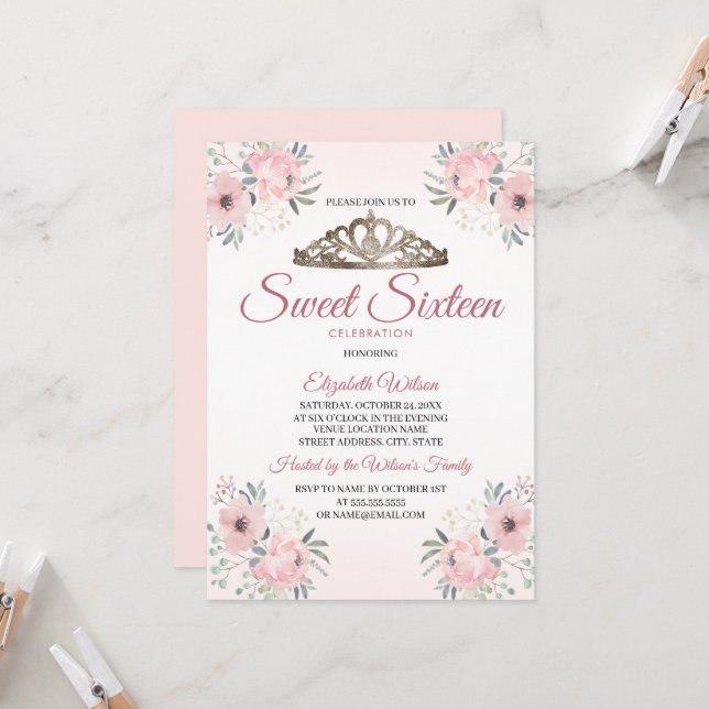 Elegant Floral Rose Gold Blush Pink Sweet 16 Invitation (Front/Back In Situ)