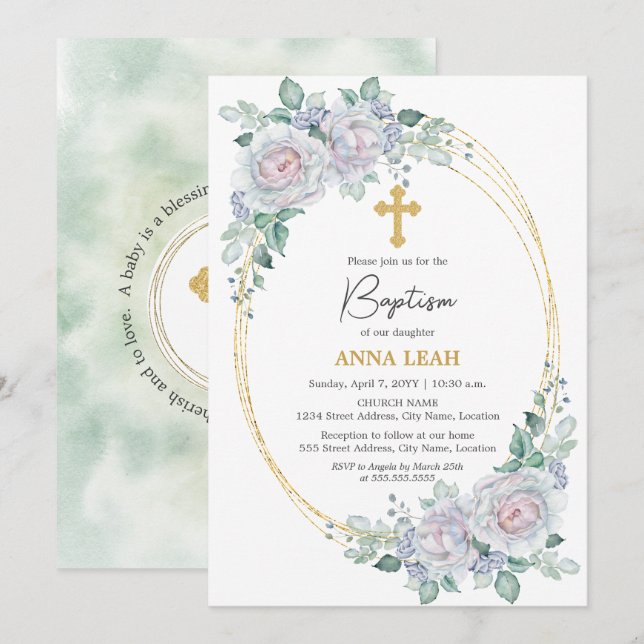 Elegant Floral Rose Gold Cross Baptism Invitation (Front/Back)