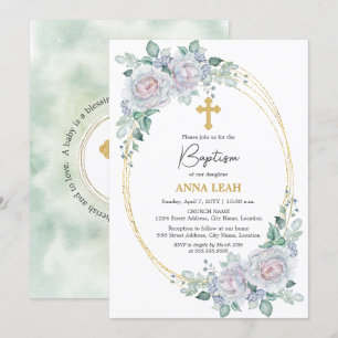 Elegant Floral Rose Gold Cross Baptism Invitation