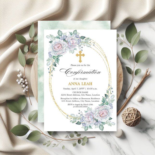 Elegant Floral Rose Gold Cross Confirmation Invitation (Elegant Floral Rose Gold Cross Confirmation Invite front and back view.)