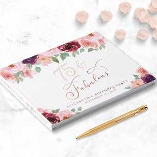 Elegant Floral Rose Gold Foil 75th Birthday Party Guest Book