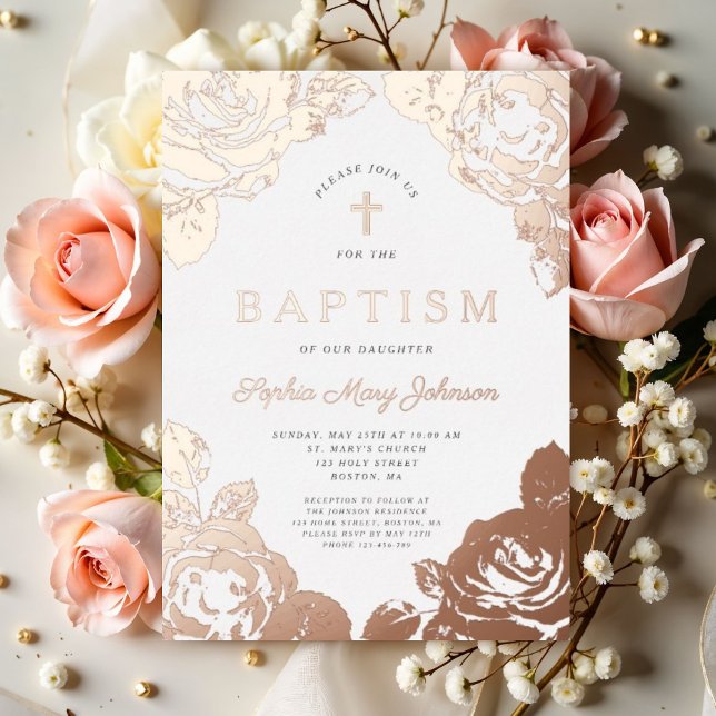 Elegant Floral Rose Gold Girl Baptism  (Elegant Floral Rose Gold Girl Baptism Foil Invitation)