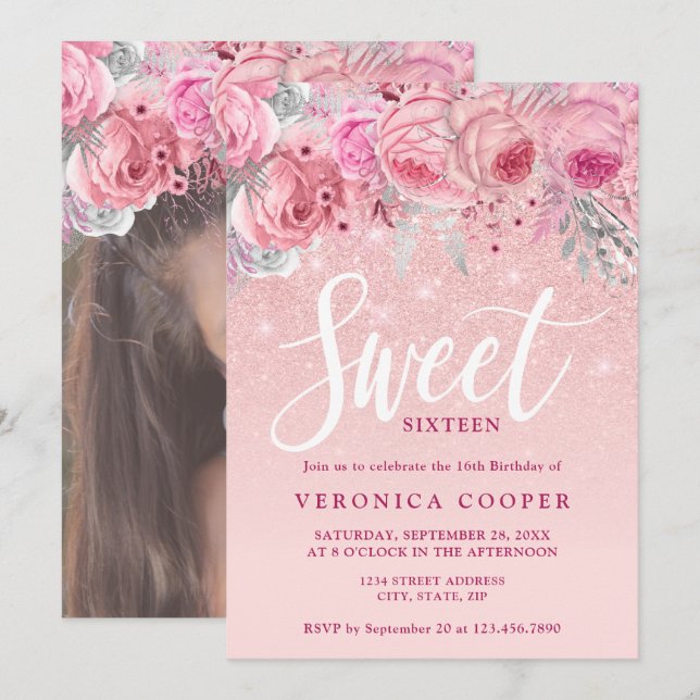 Elegant floral rose gold glitter sweet sixteen invitation (Front/Back)