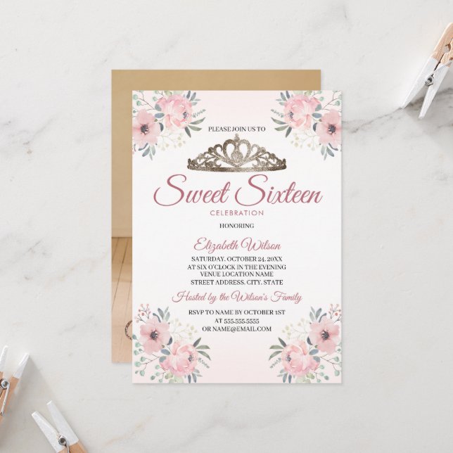 Elegant Floral Rose Gold Photo Sweet 16 Invitation (Front/Back In Situ)