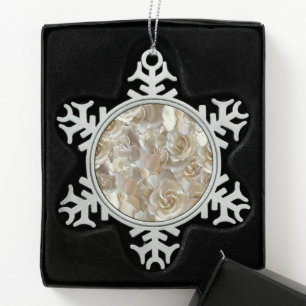 Elegant Floral Rose Petal Pattern  Snowflake Pewter Christmas Ornament