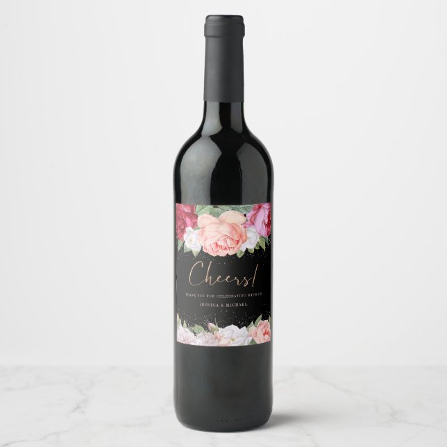 Elegant Floral Rose Pink Black Wedding Thank You Wine Label (Front)