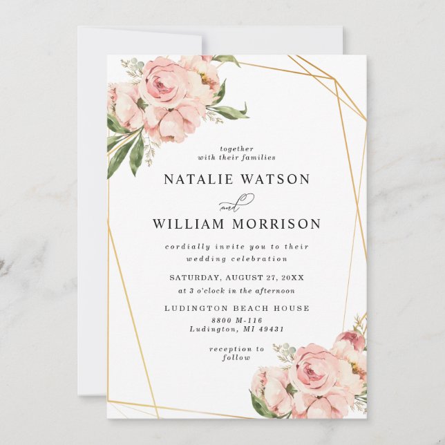 Elegant Floral Rose Pink Geo Wedding Invitation (Front)