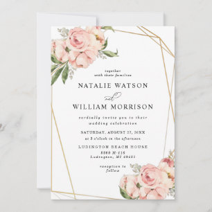 Elegant Floral Rose Pink Geo Wedding Invitation
