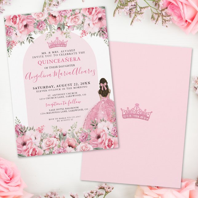 Elegant Floral Rose Pink Quinceanera Invitation (Elegant Floral Rose Pink Quinceanera Invitation)