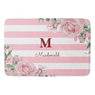 Elegant Floral Rose Striped Monogram Bath Mat