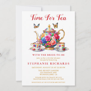 Elegant Floral Rose Teapot Tea Party Bridal Shower Invitation