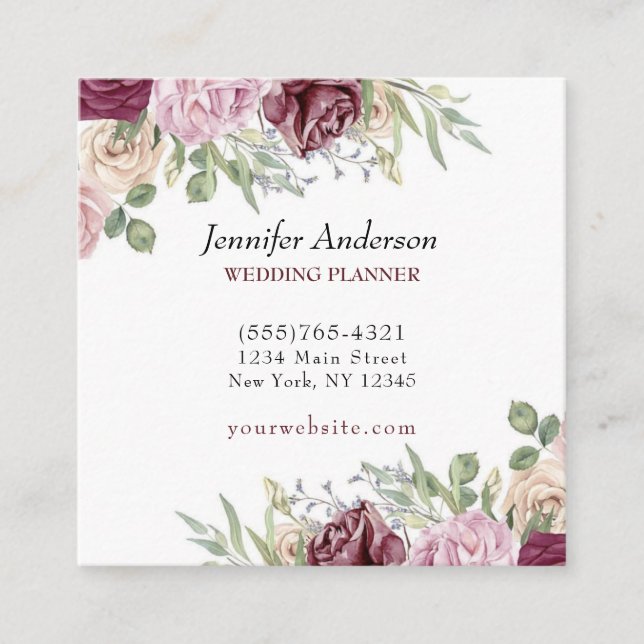 Elegant Floral Rose Wedding  Event Planner Service Square Business Card (Front)