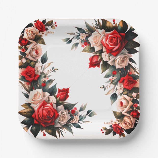 Elegant Floral Rose wedding Paper Plates (Front)