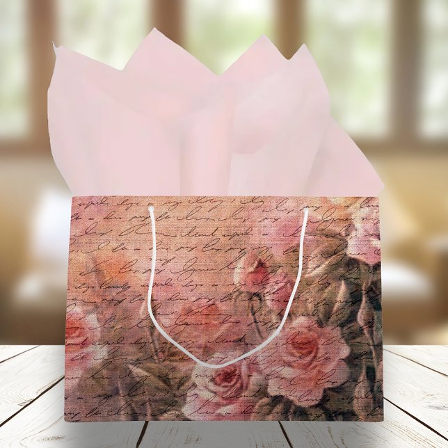 Elegant Floral Roses Antique Handwriting Large Gift Bag (Creator Uploaded)