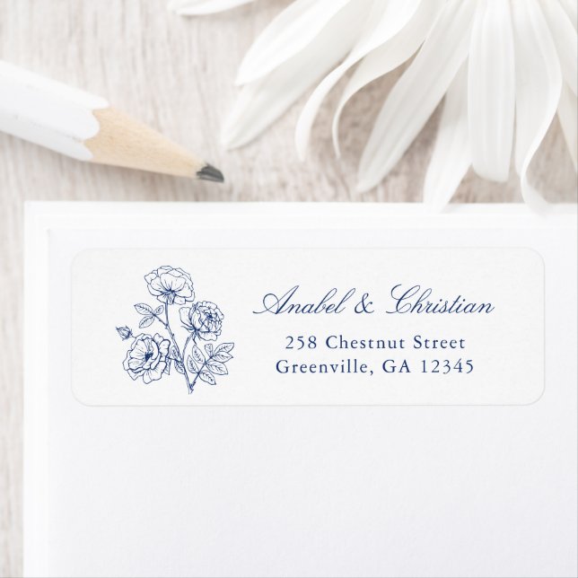 Elegant Floral Roses Blue Wedding Return Address (Insitu)