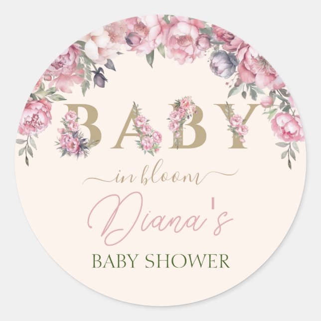 Elegant Floral Roses Blush Pink Gold Baby Shower Classic Round Sticker (Front)