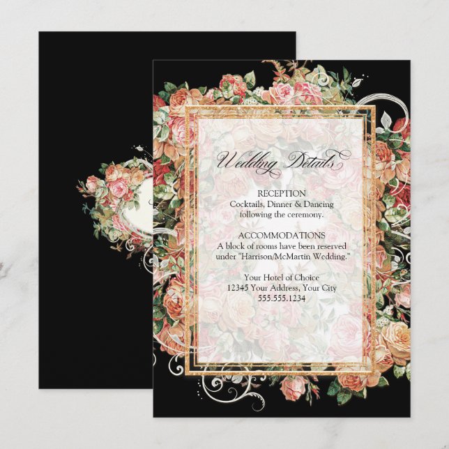 Elegant Floral Roses Bouquet Gold Wedding Details Invitation (Front/Back)
